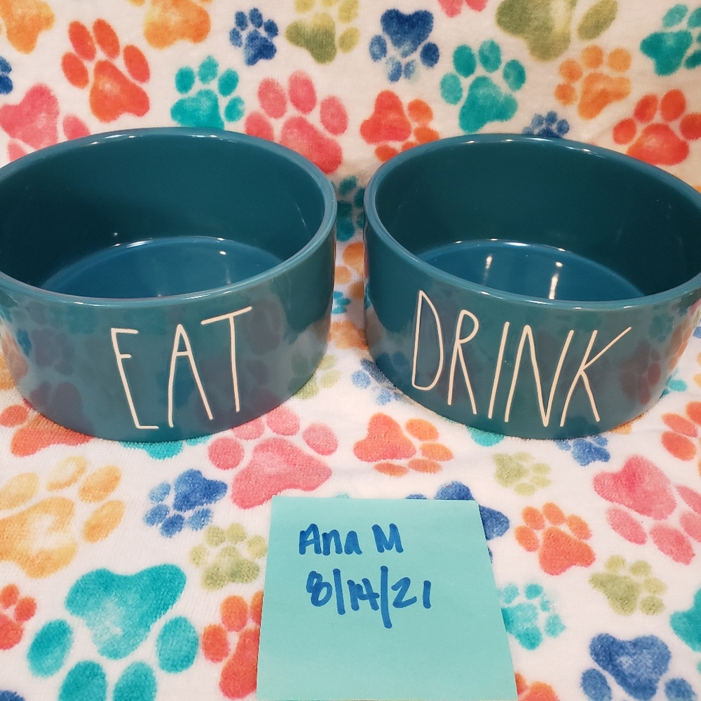 Rae Dunn EAT DRINK Blue Pet Dog Cat Bowls